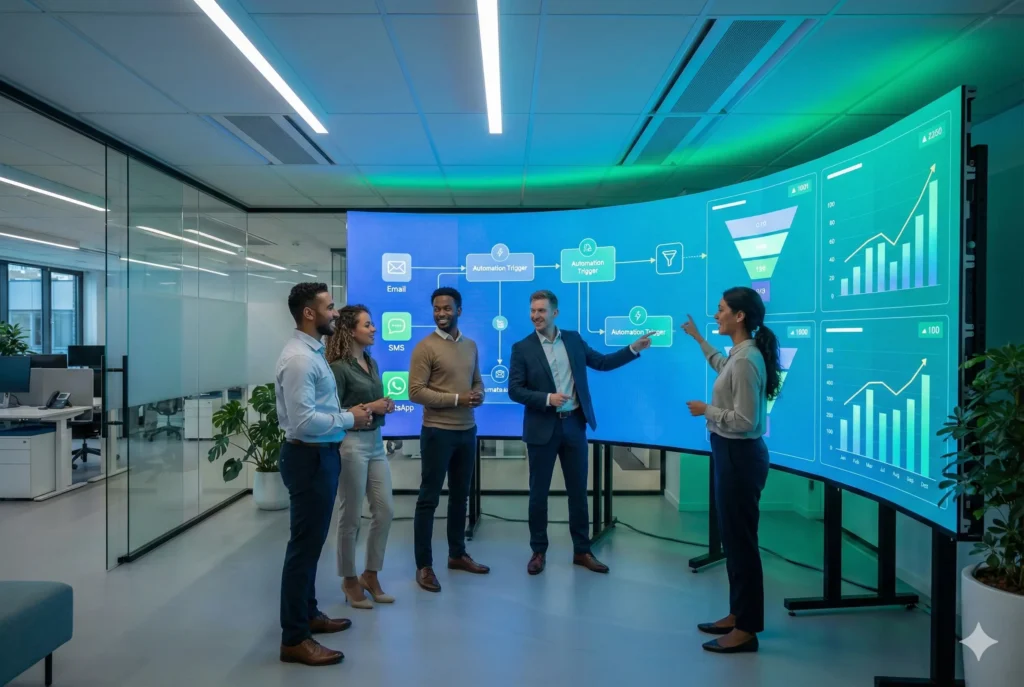 Commercial cleaning team reviewing multi-site performance data on a large screen