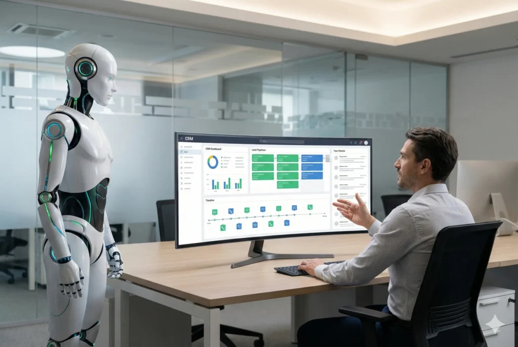 AI receptionist assistant working beside a business owner at a desk