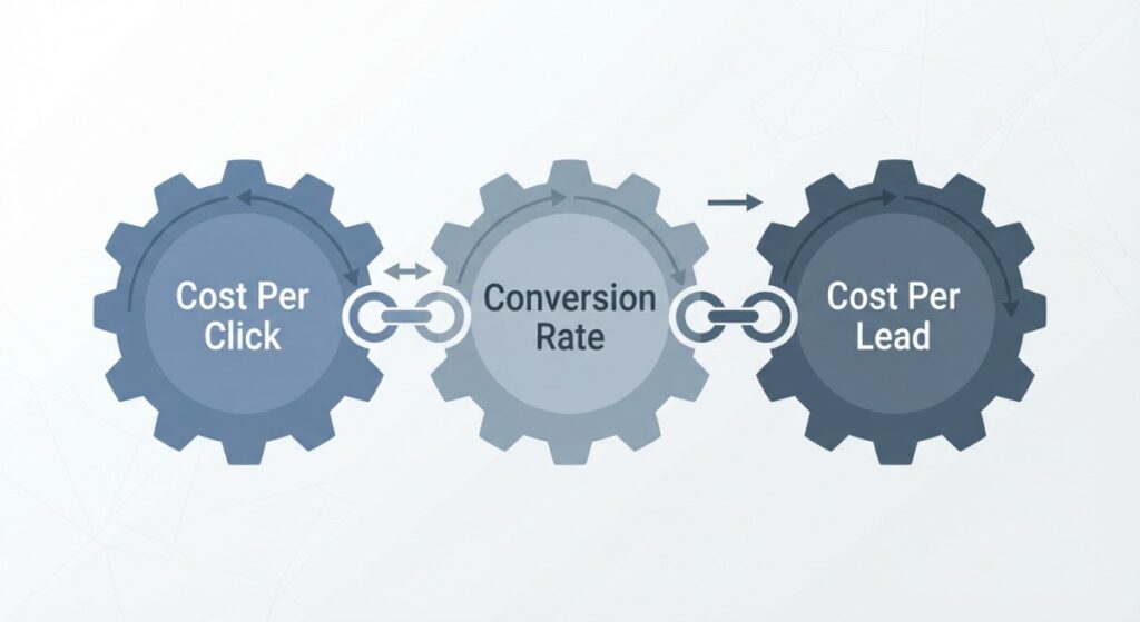 Cost per click, conversion rate and cost per lead connected as gears for cleaning company Google Ads