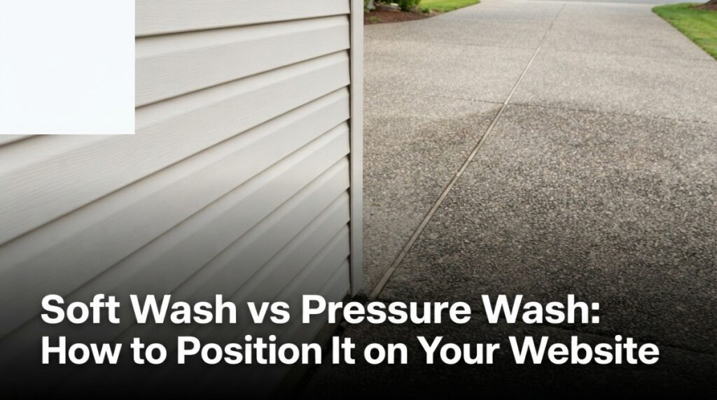 Soft wash vs pressure wash comparison showing low-pressure chemistry on siding versus high-pressure force on concrete