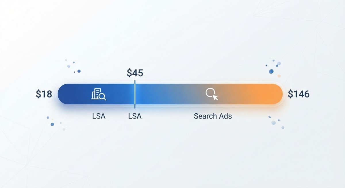 Chart showing pressure washing cost per lead ranges on Google LSA $18 to $68 and search ads $60 to $146