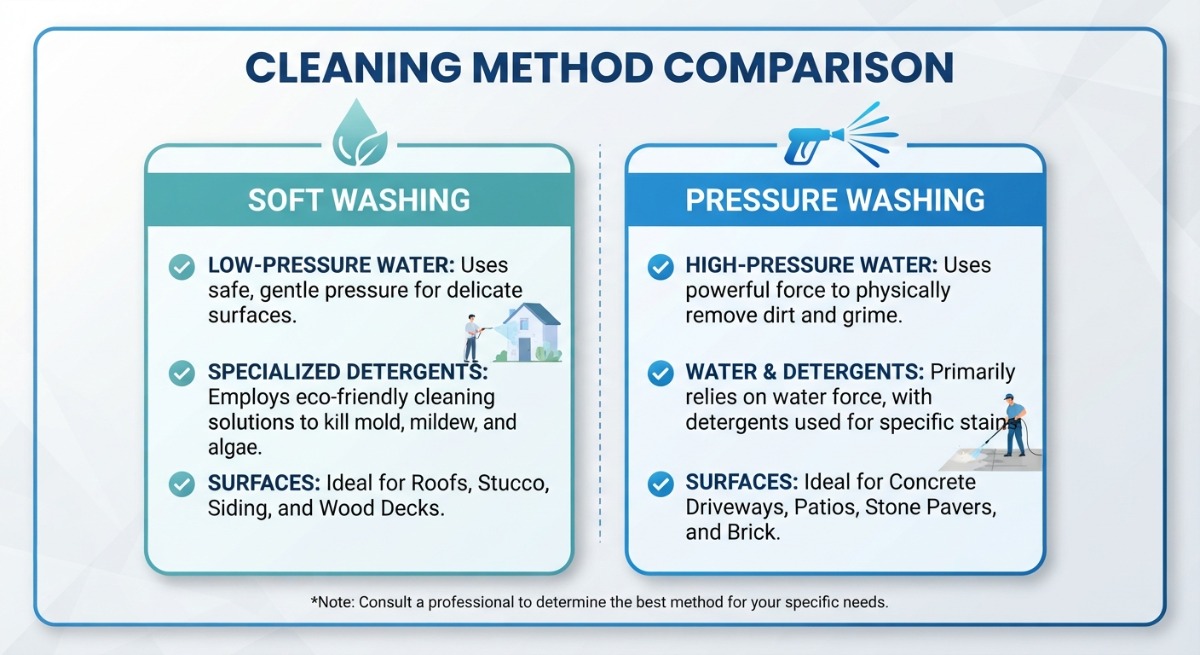 Soft washing process illustration using sodium hypochlorite solution and gentle rinse on delicate surfaces