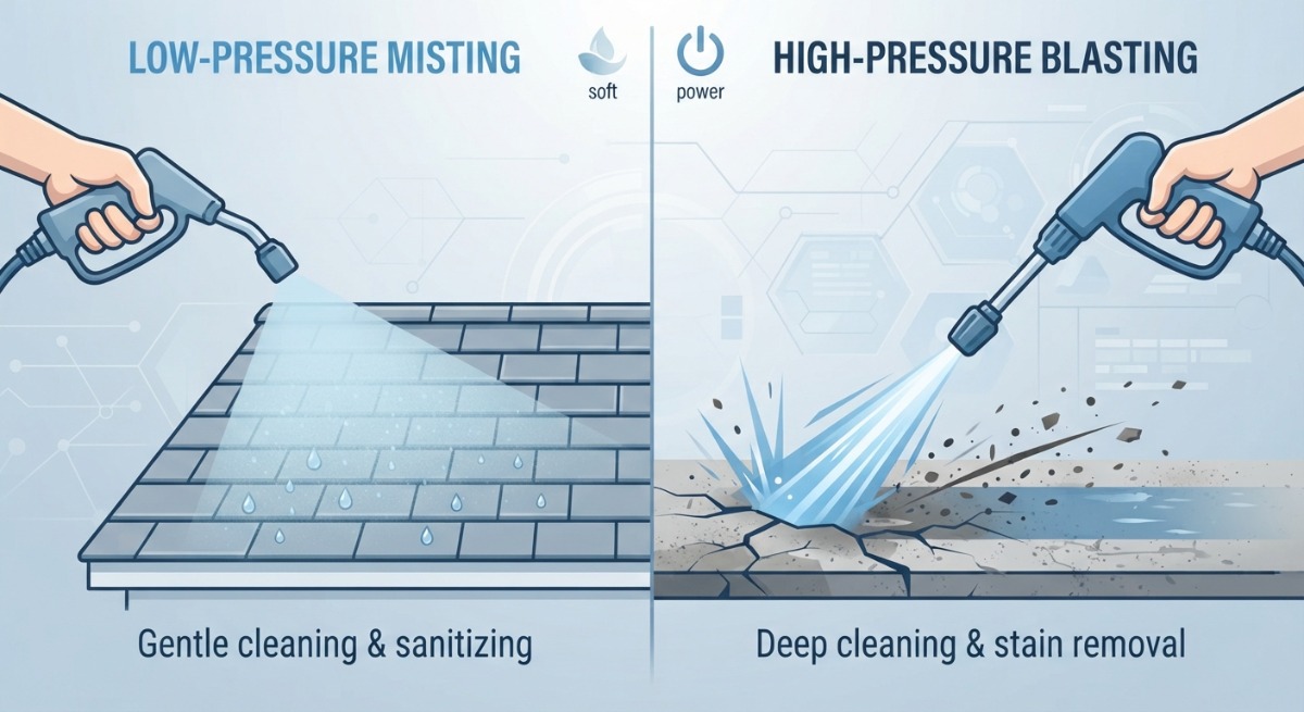 Side-by-side table of soft washing 150–500 PSI versus pressure washing 1,300–4,000 PSI with surfaces costs and risks