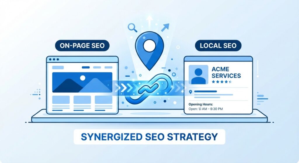 On-page SEO and local SEO working together as a schema strategy for a service website