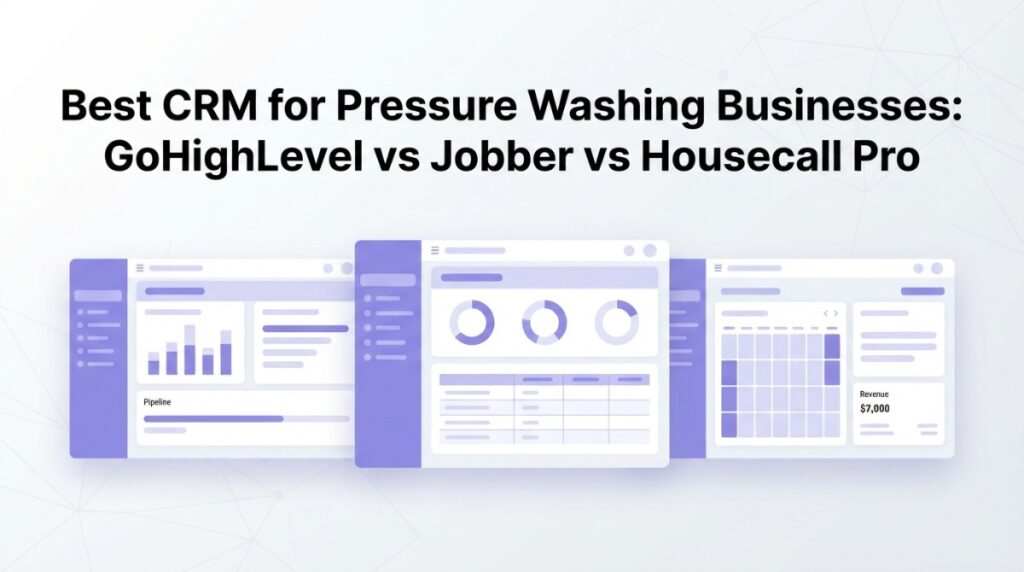 Best CRM comparison for pressure washing businesses showing GoHighLevel Jobber and Housecall Pro side by side