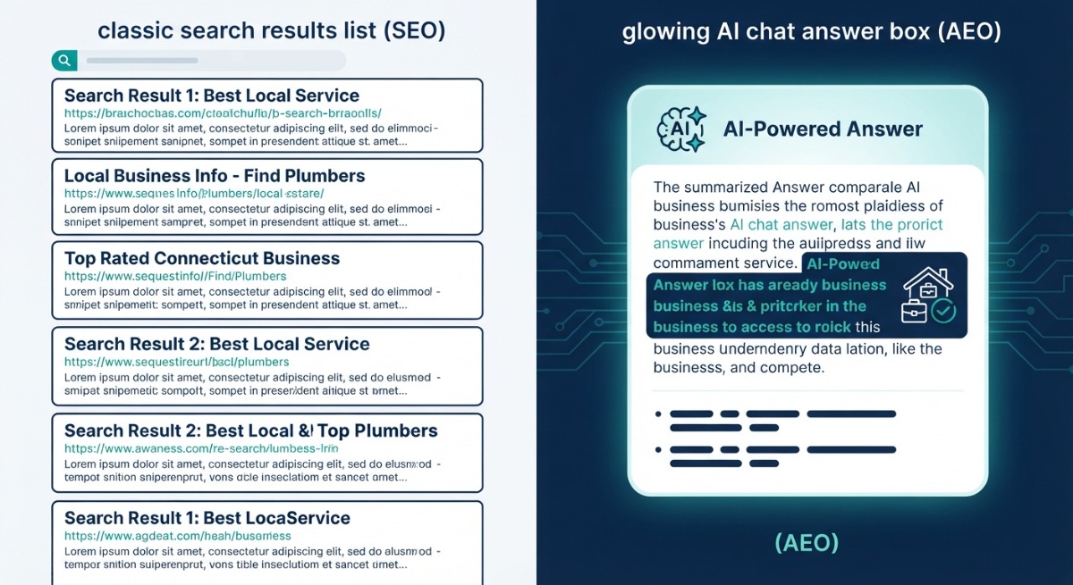 Side-by-side table comparing SEO and AEO goals, surfaces, content structure, and metrics for local businesses