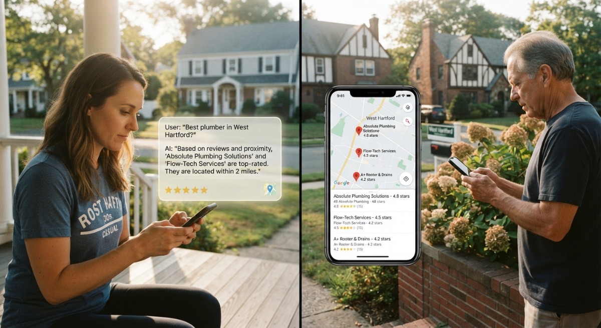 Split screen of informational AI Overview versus hiring-intent map pack results for home service search in CT
