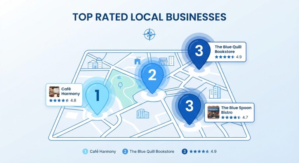 Map pins ranking top rated local businesses across a service area grid