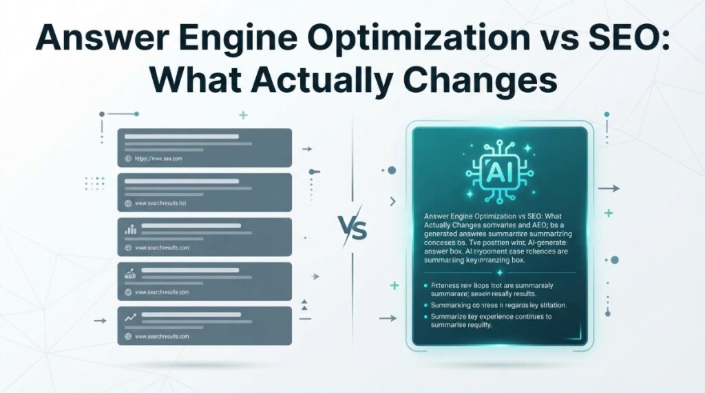 Side-by-side comparison of classic SEO blue-link results versus AI answer engines naming a local business