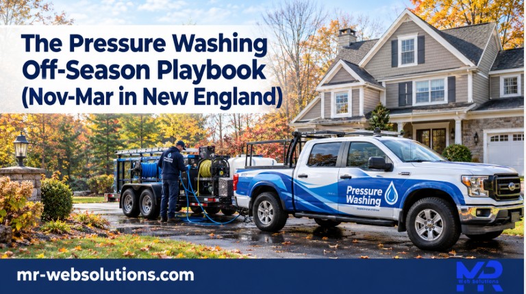 Pressure washing crew and truck working on a New England home in the off-season