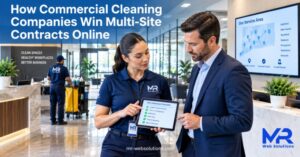 Commercial cleaning manager presenting a multi-site contract plan to a client
