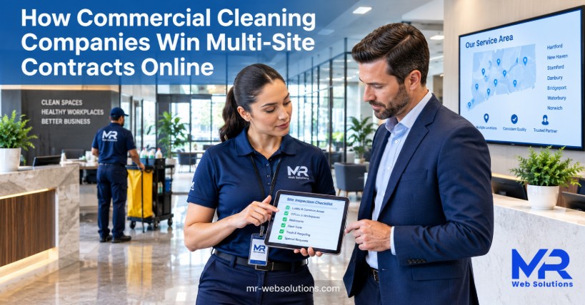 Commercial cleaning manager presenting a multi-site contract plan to a client