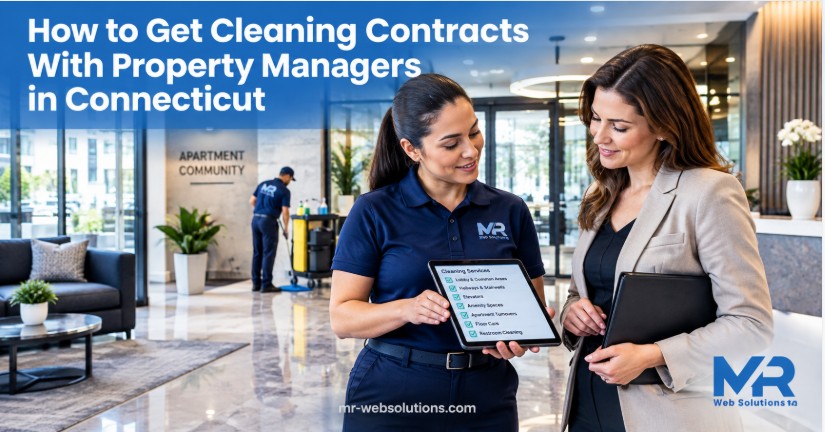 Cleaning company manager reviewing contracts with a Connecticut property manager