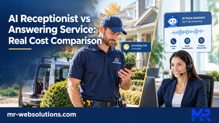 Home service technician answering a call with an AI receptionist on his phone