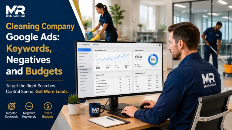 Cleaning company Google Ads dashboard with keywords and budget metrics