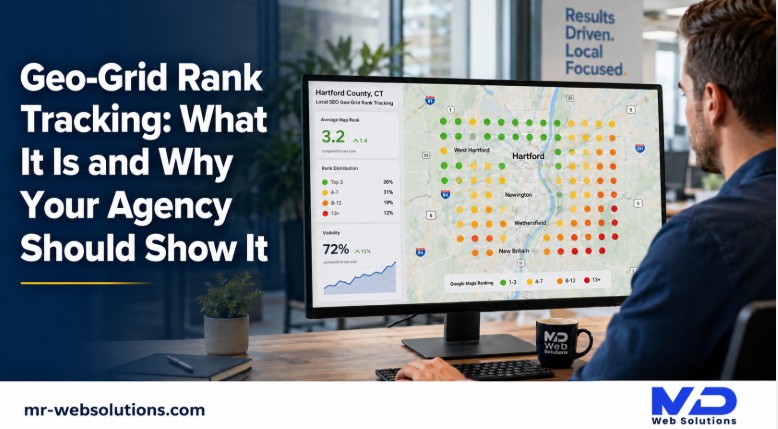 Geo-grid rank tracking map showing local Google ranking positions